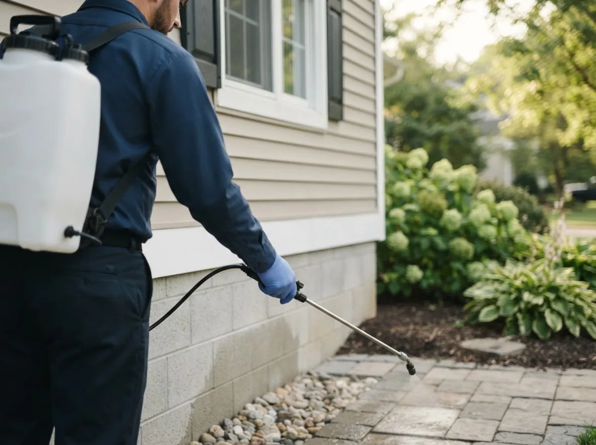 Pest control technician inspecting a home in Shelbyville, MI